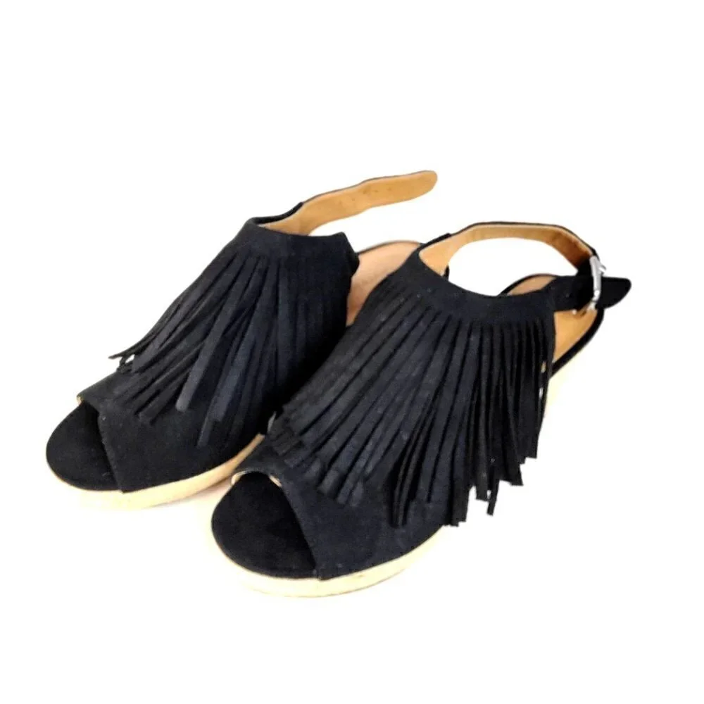 Comfortview Diane Espadrille Sandals Heels Wedge Fringe Black Women Size 9M